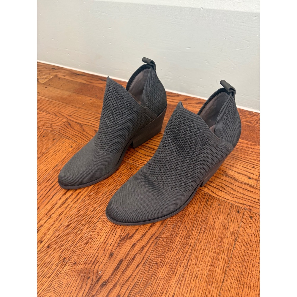 Eileen Fisher Joss Knit Ankle Boots Dark Gray Pull-On Block Heel 8.5 Minimalist